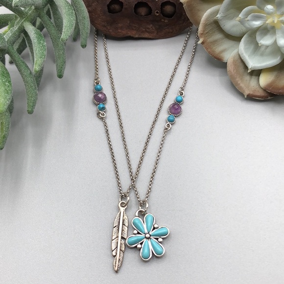 Lucky Brand Jewelry - Lucky Brand Southwestern Layered Turquoise Flower And Feather Pendant Necklace